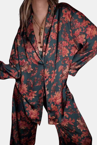 Bryony | Lotus Print Button Down Pyjama Set With Pockets