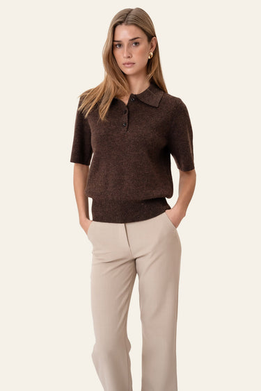 Laurel | Dark Brown Knitted Polo With Ribbed Hem