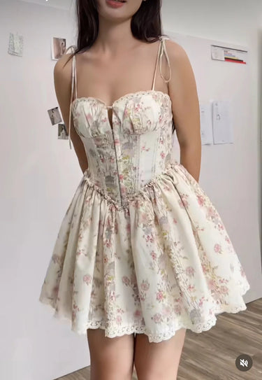 White Lace Tie-Waist Mini Dress – Corset Bodice Sleeveless Summer Dress