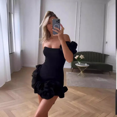 Black One Shoulder Mini Dress – Ruffle Sleeve Empire Waist Dress