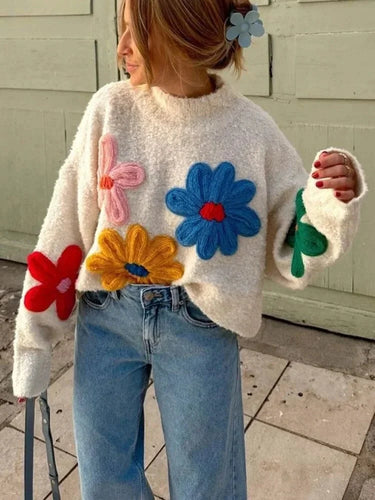 Agatha | Soft White Knitted Jumper with Embroidered Flowers