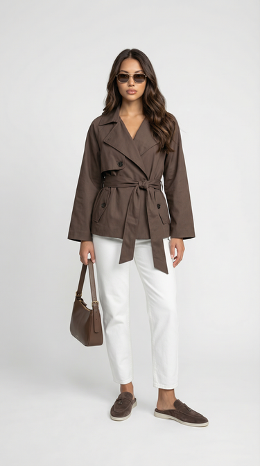 Verena | Double Breasted Brown Trench Coat with Belt