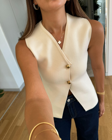 Ribbed Knit Waistcoat – Asymmetric Wrap V-Neck Gold Button Vest