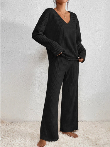Ribbed Knit Lounge Set – V-Neck Sweater and Wide-Leg Trouser Co-Ord