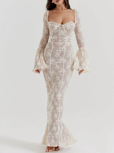 White Lace Corset Maxi Dress – Fluted Sleeve Romantic Evening Gown