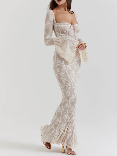 White Lace Corset Maxi Dress – Fluted Sleeve Romantic Evening Gown