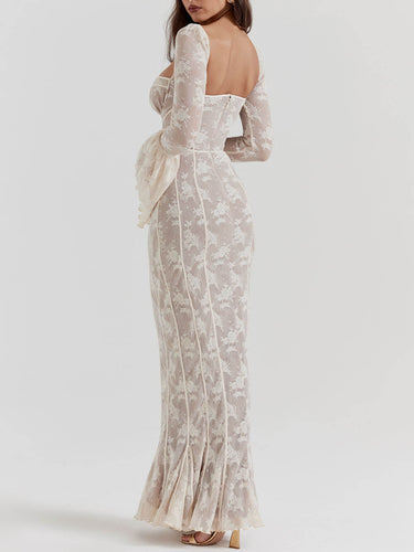 White Lace Corset Maxi Dress – Fluted Sleeve Romantic Evening Gown
