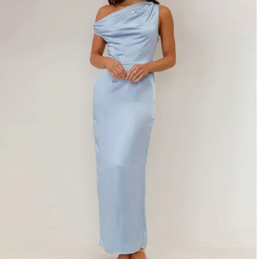 Light Blue Satin Maxi Dress – Draped Neckline Thigh Slit Duchess Evening Gown