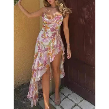 Pink Floral Halter Neck Midi Dress – Low Cut Irregular Hem Summer Dress