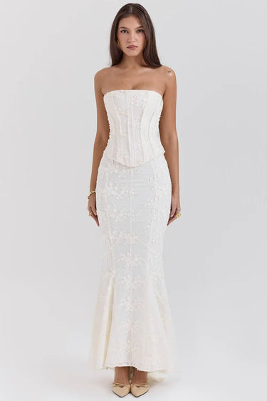 Strapless Embroidered Wedding Guest Maxi Dress – Floral Detail Occasion Gown