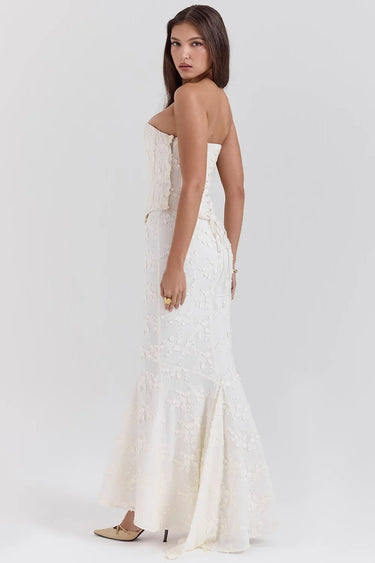Strapless Embroidered Wedding Guest Maxi Dress – Floral Detail Occasion Gown