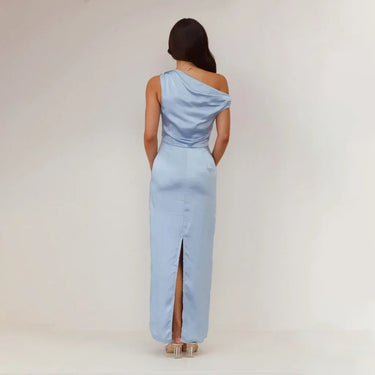 Light Blue Satin Maxi Dress – Draped Neckline Thigh Slit Duchess Evening Gown