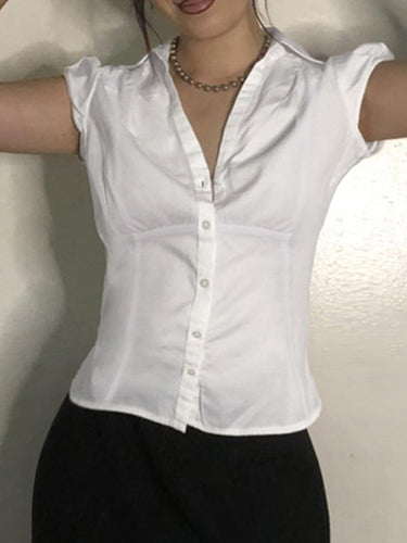 White Poplin Blouse – Slim-Fit V-Neck Puff Sleeve Shirt