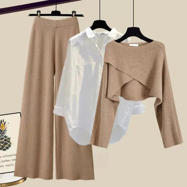Neutral Three-Piece Knit Set – Wide-Leg Trousers, Shirt and Cropped Sweater