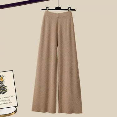 Neutral Three-Piece Knit Set – Wide-Leg Trousers, Shirt and Cropped Sweater