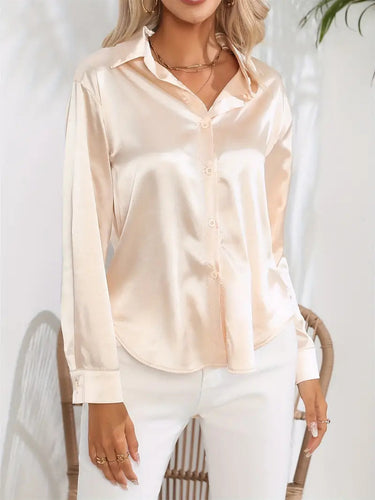 Champagne Satin Blouse – Button-Down Shirt with Pointed Collar