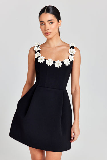 Monochrome Floral Appliqué Mini Dress – 3D Flower A-Line Summer Dress