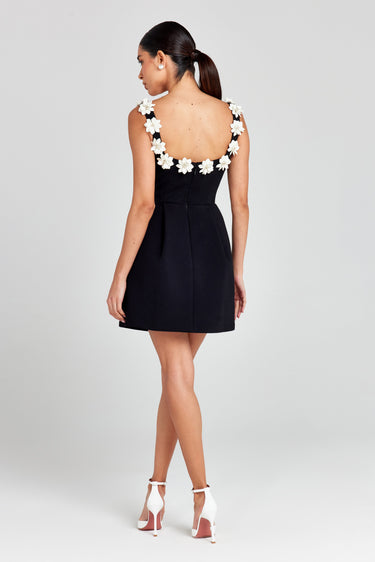 Monochrome Floral Appliqué Mini Dress – 3D Flower A-Line Summer Dress