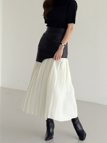 Faux Leather Maxi Skirt – Asymmetric Patchwork Pleated Skirt