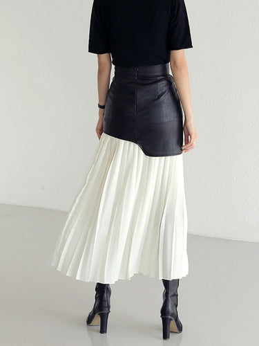 Faux Leather Maxi Skirt – Asymmetric Patchwork Pleated Skirt