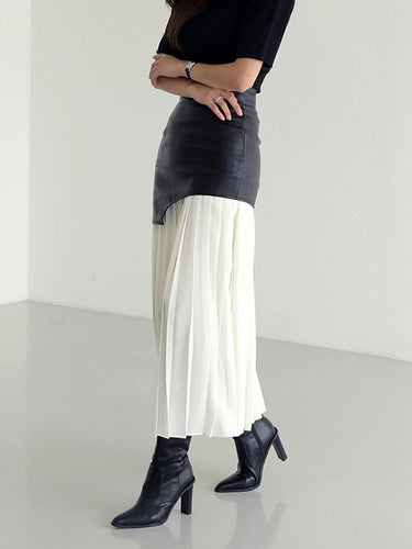 Faux Leather Maxi Skirt – Asymmetric Patchwork Pleated Skirt
