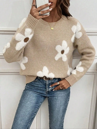 Floral Jacquard Knit Sweater – Oversized Round Neck Jumper