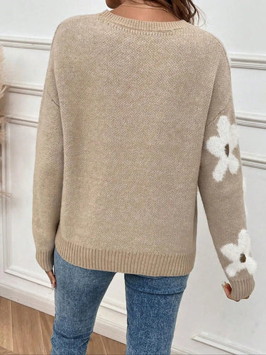 Floral Jacquard Knit Sweater – Oversized Round Neck Jumper