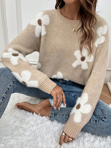 Floral Jacquard Knit Sweater – Oversized Round Neck Jumper
