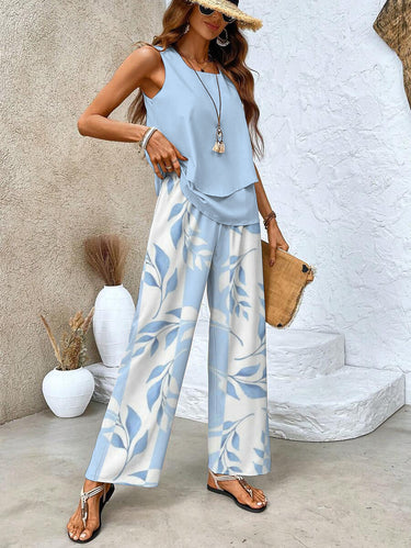 Botanical Print Co-Ord Set – Layered Top and Wide-Leg Trouser Set