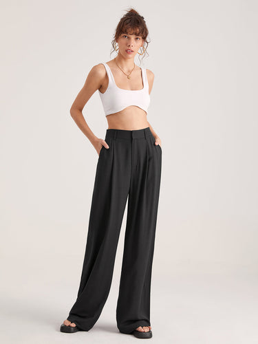 High-Waisted Wide-Leg Trousers – Pleat Front Relaxed Smart Trousers