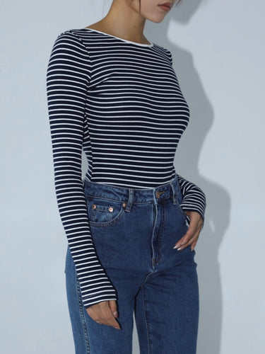 Striped Bodysuit – Open Back Boat Neck Long Sleeve Bodysuit