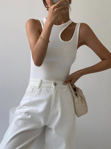 Ribbed Cutout Tank Top – Asymmetric Neckline Sleeveless Top