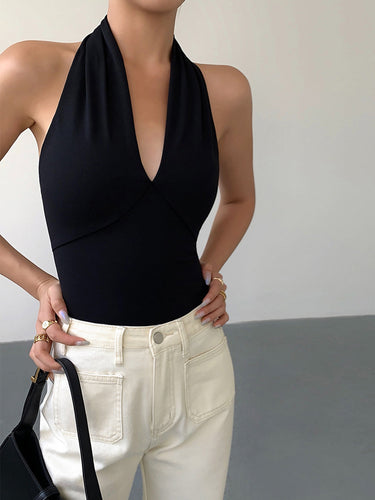 V-Neck Halter Tank Top – Open Back Plunge Neck Sleeveless Top