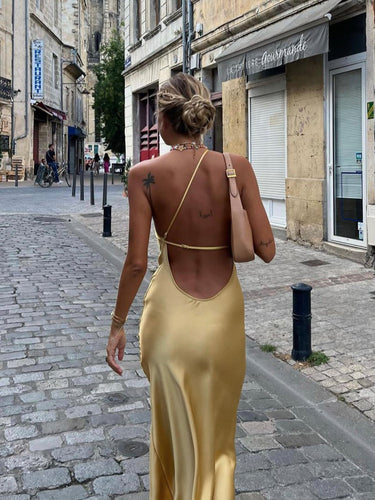 Yellow Open Back Satin Maxi Dress – One-Shoulder Side Slit Evening Gown