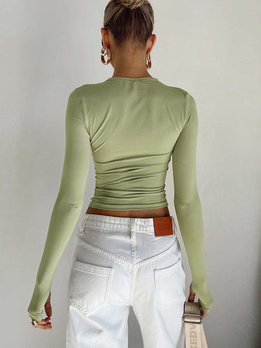 Stretch Long Sleeve Crop Top – Second-Skin Ruched Thumbhole Top