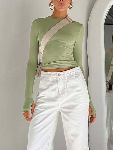 Stretch Long Sleeve Crop Top – Second-Skin Ruched Thumbhole Top