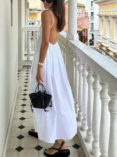 White Cotton Open Back Maxi Dress – Deep V-Neck Gathered Skirt Summer Dress