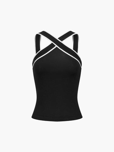 Cross Strap Tank Top – Contrast Trim Halter Neck Cami Top