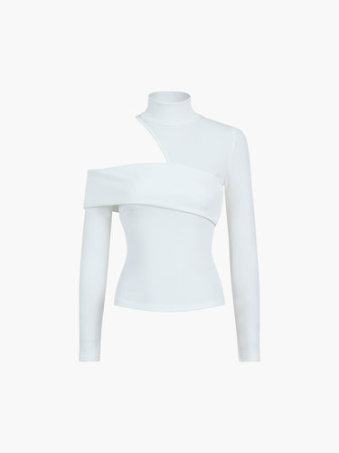 Asymmetric Cutout High Neck Top – Long Sleeve Knit Top