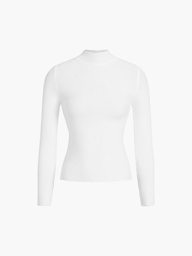 Ribbed High Neck Top – Finely Knit Fitted Long Sleeve Top