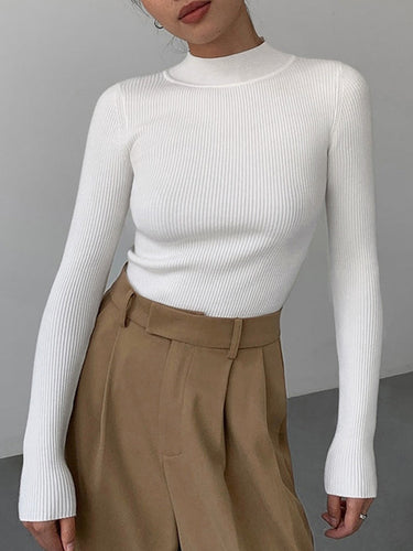 Ribbed High Neck Top – Finely Knit Fitted Long Sleeve Top