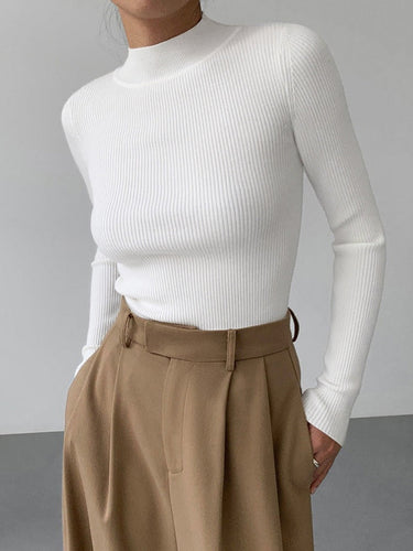Ribbed High Neck Top – Finely Knit Fitted Long Sleeve Top