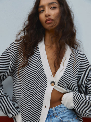 Chevron Knit Cardigan – Monochrome Button-Up Cardi