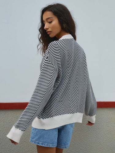 Chevron Knit Cardigan – Monochrome Button-Up Cardi