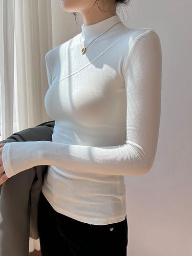 Mock Neck Long Sleeve Ribbed Top – Fitted Knit Jumper