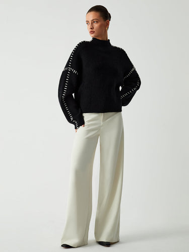 Oversized Mock Neck Sweater – Contrast Stitch Knit Jumper