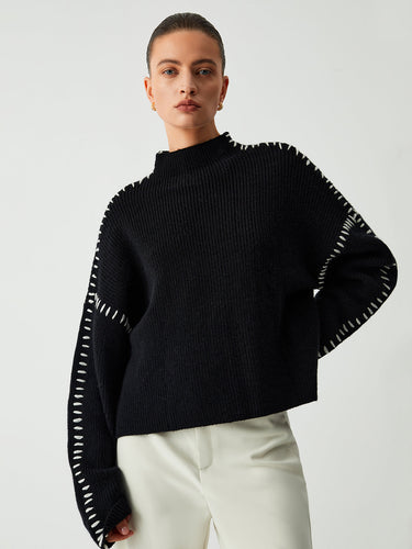 Oversized Mock Neck Sweater – Contrast Stitch Knit Jumper