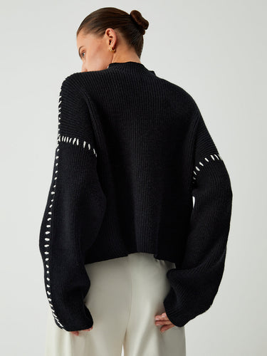 Oversized Mock Neck Sweater – Contrast Stitch Knit Jumper