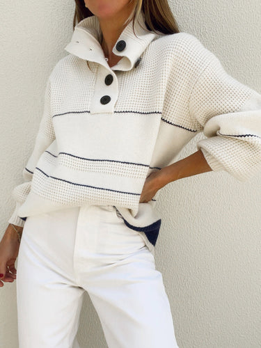 Button Collar Knit Pullover – Waffle Texture Stripe Sweater