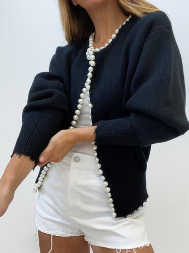 Pearl Trim Ripped Hem Cardigan – Classic Knit Cardi